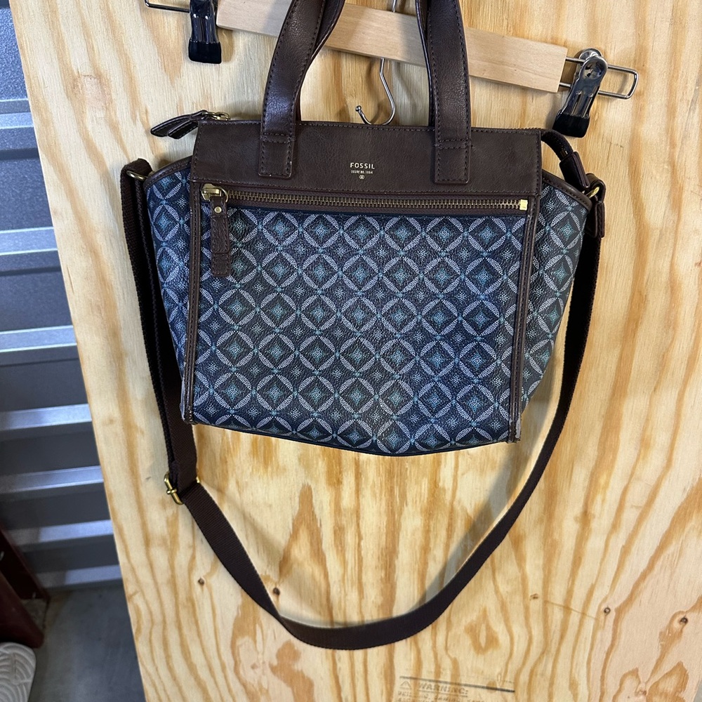 Fossil Geometric Jacquard Canvas & Brown Leather Satchel Crossbody Bag